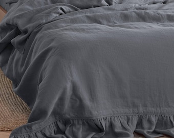 Duvet Cover Boho - Charcoal Gray Linen Bedding with Ruffles - Dark Cooling Comfortable Duvet Covers in Single, Full, Double, Queen, King