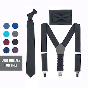 Black linen ties and pocket square toddler bow tie and suspenders