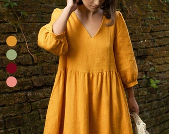Linen Dress - Fall Dress for Women with Side Pockets and 3/4 Sleeves - V Neck Midi Mustard Dress ZOIE - Any Length is Possible