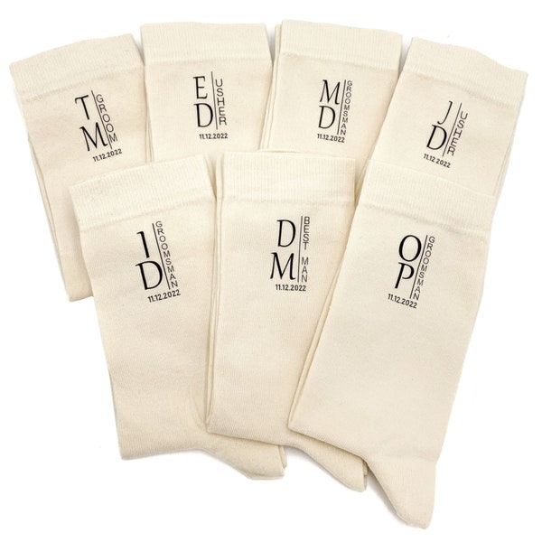 Champagne socks with custom initials and date for wedding Beige groom socks with custom design