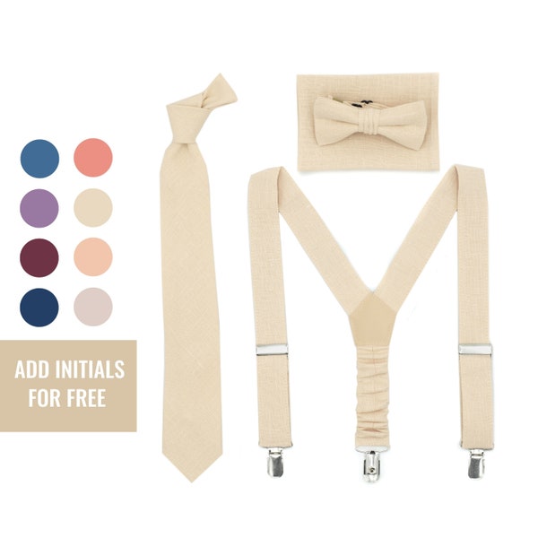 Champagne tie Beige bow tie and suspenders Ring bearer outfit Men's ties and pocket square