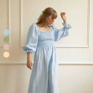 Atlanta Dress - Square Neck Smocked Light Blue Dress for Women With Puff Sleeve Shirred Linen Dress BAILA