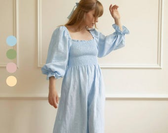 Atlanta Dress - Square Neck Smocked Light Blue Dress for Women With Puff Sleeve Shirred Linen Dress BAILA