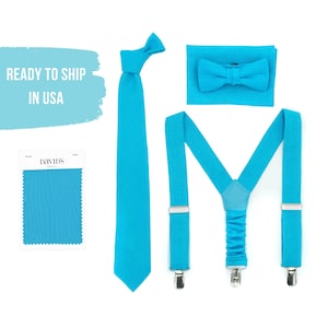 Turquoise Suspenders Bow Ties - Bright Blue Bow Tie and Suspender - Malibu Necktie with Pocket Square Match to David Bridal Colors