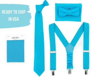 Turquoise Bow Ties with Suspenders, Bright Blue Bow Tie and Suspender, Malibu Necktie with Pocket Square Match to David Bridal READY TO SHIP