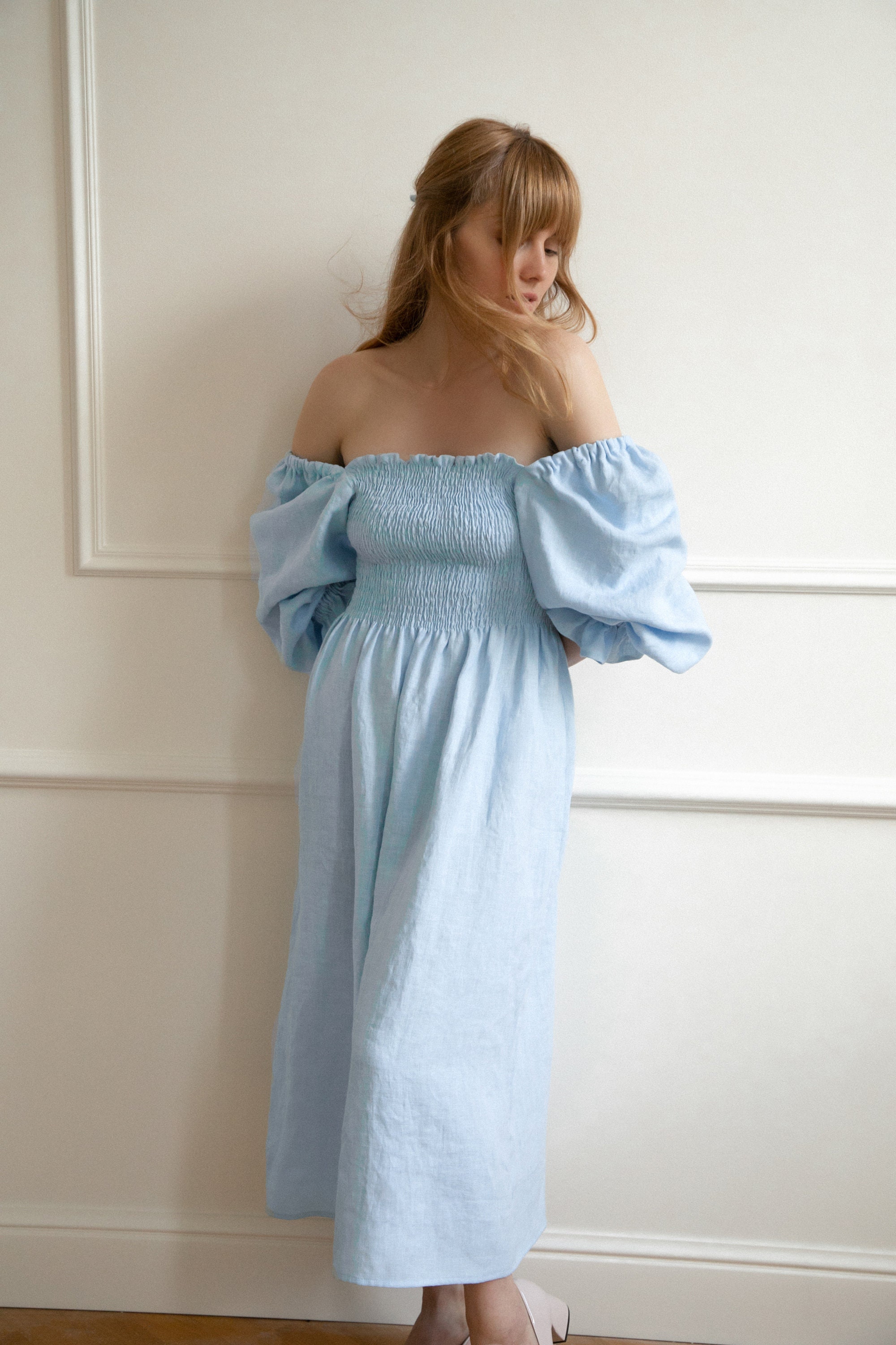 Atlanta Dress - Square Neck Smocked Light Blue Dress for Women With Puff  Sleeve Shirred Linen Dress BAILA - Etsy