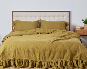 Bedding Green Linen Duvet Cover - Moss Green Ruffled Organic Bedding - Chic Rustic Duvet Covers Farmhouse Single Duvet Cover Ruffle