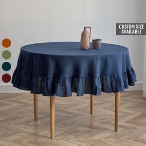 Linen Tablecloth with Ruffles - Farmhouse Table Linens - Round Ruffled Navy Blue Table Cloth - Custom Tablecloth - Housewarming Gift