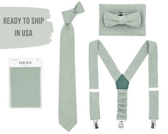 Dusty Sage Bow Tie and Suspenders for Men - Wedding Ties with Pocket Square for Groomsmen - Boys Bowties and Suspenders