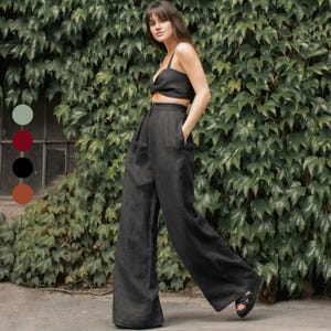 Loose pleated front palazzo pants Linen black women trousers Maxi pants BLANCA