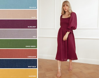 Puffärmelkleid schulterfrei Kleider für Frauen Midi Leinen Herbst Burgund Kleid BAILA mit langen Ärmeln Loose Fit Kleid Boho Kleid