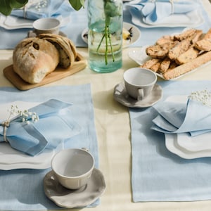 Light Blue Linen Placemats Set of 2, 4, 6, 8, 10, 12  Stonewashed Dining Place Mats