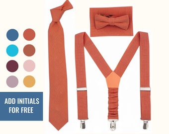 Burnt Orange Suspenders and Bow Tie for Men, Sienna Boys Bow Ties and Suspenders Match with David's Bridal