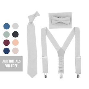 Light Gray Neck Ties with Pocket Square Silver Bow Tie and Suspender for Men Wedding Outfit