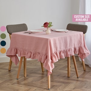 Ruffled Large Tablecloths, Square or Oval Tablecloth Custom Size, Linen Table Linens with Ruffles in Various Colors