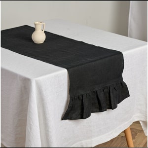 Black Table Runner - Rustic Ruffled Table Runners  - Various Sizes and Colors Available - Dining Table Linens