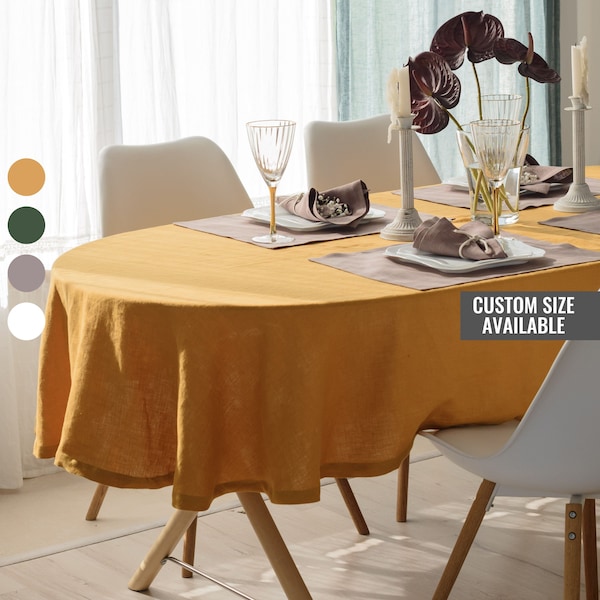 Oval Tablecloth - Organic Custom Size Mustard Table Cloth - Linen Washed Table Linens - Gift for Her
