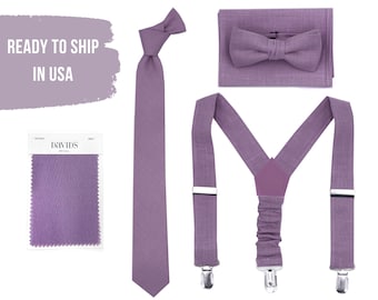 Wisteria Bowties and Suspenders Set, Purple Necktie and Pocke Square for Groom, Mauve Bowtie Suspender Custom