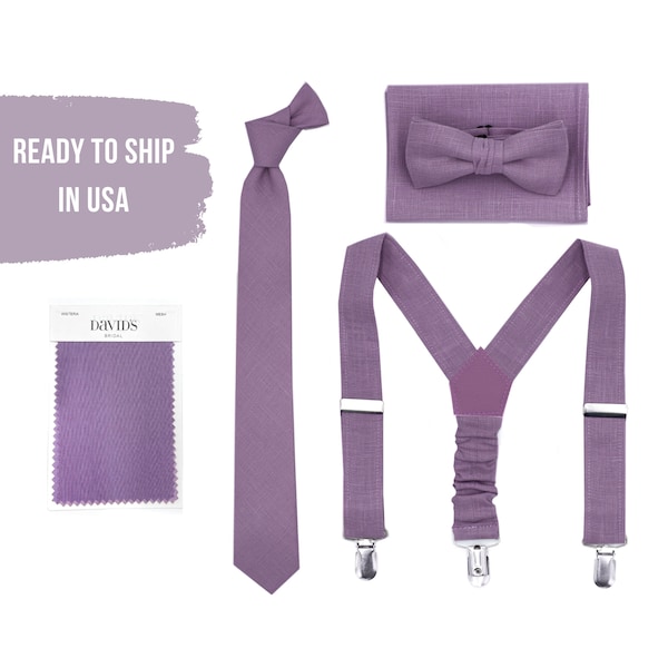 Wisteria Bowties and Suspenders Set, Purple Necktie and Pocke Square for Groom, Mauve Bowtie Suspender Custom