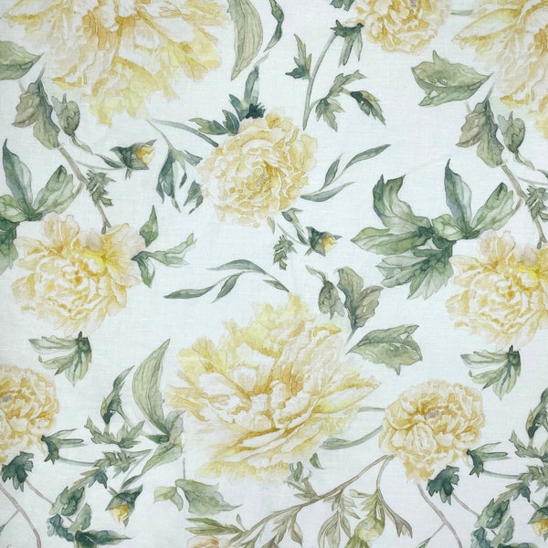 Watercolor flowers in vintage style fabrics Light yellow floral 100% linen fabric by the meter by yard Ewauropean flax Washed linen fabric