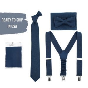 Navy Blue Bow Ties and Suspenders for Wedding Mens Tie with Pocket Square