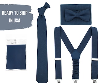 Navy Blue Bow Ties and Suspenders for Wedding Mens Tie with Pocket Square Match Davids Bridal Ring Bearer Outfit