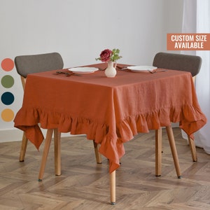 Burnt orange linen ruffled tablecloth. Custom size frill fall tablecloth. Linen table linen with ruffles in 40 COLOR