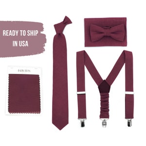 Burgundy Necktie and Suspenders Wine Bow Tie Matching Davids Bridal Neck Ties Pocket Square Maroon Bowties for Groomsmen