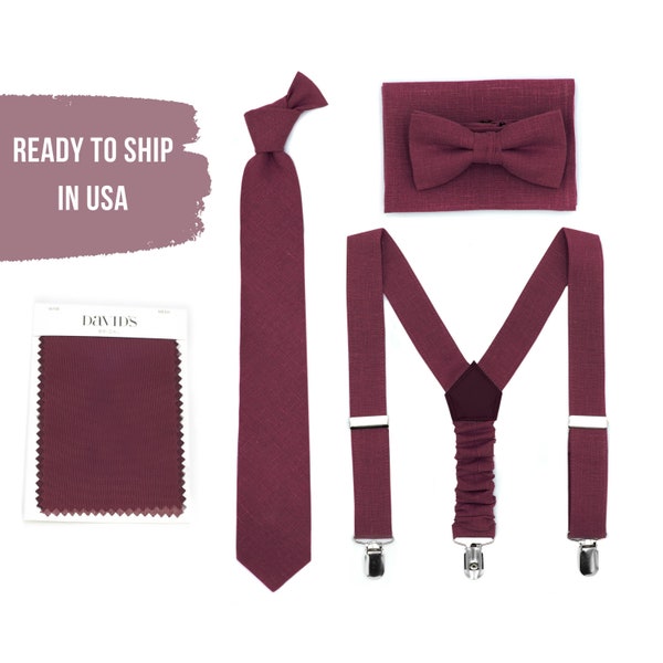burgundy bow tie and suspenders wedding
