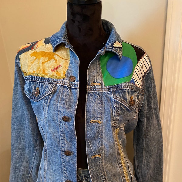 Hand-Sewn Patched and Beaded Jean Jacket, Women's Small