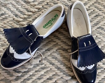 Vintage White and Navy Blue Golf Shoes Refurbished into Wingtip Oxfords, Women's size 8.5 RR