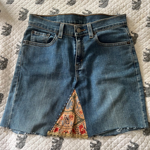 Hand Patched and Beaded Levi's Jean Skirt, size 4-6