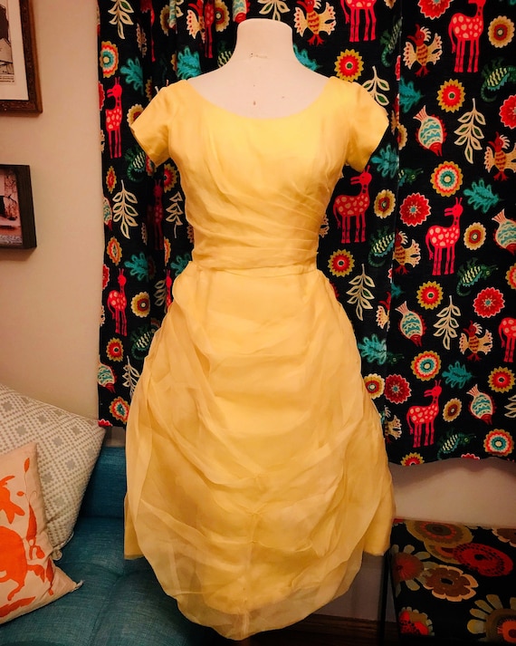 Vintage fairytale-like draped yellow dress