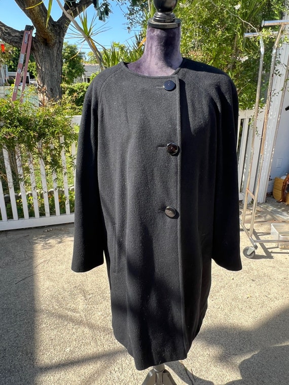 Vintage Black Collarless Cashmere Coat, Size Large - image 1