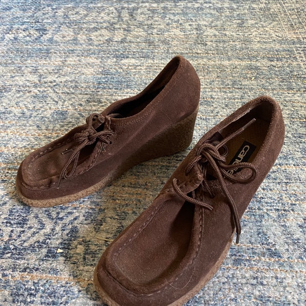 Vintage 1980's Dark Brown Suede Candies Chunky High Heeled Ankle Boots, size Women's 7M