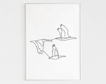 One Line Flying Birds Drawing, Minimalist Continuous Line Geese Print, Single Line Flock of Birds, DIGITAL Simple Drawing Fashion Sketch