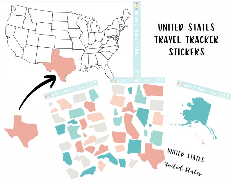 May include: A collection of United States Travel Tracker stickers. The stickers feature state outlines in various colors, including peach, teal, and gray. The image also includes a map of the United States and the text "United States Travel Tracker Stickers."