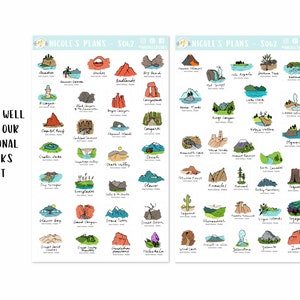 May include: Two sheets of stickers featuring hand-drawn illustrations of U.S. National Parks. Each park is depicted with a unique icon and name. The text "Nicole's Plans" and "Pairs well with our National Parks Set" is also visible.