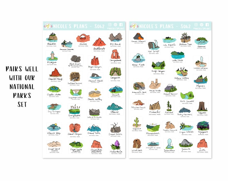 May include: Two sheets of stickers featuring hand-drawn illustrations of U.S. National Parks. Each park is depicted with a unique icon and name. The text "Nicole's Plans" and "Pairs well with our National Parks Set" is also visible.