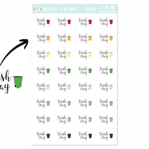May include: A sheet of stickers with various colored trash cans and the text "Trash Day" repeated on each sticker.