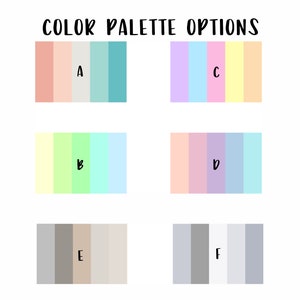 May include: Image features six color palette options labeled A through F. Each palette consists of five vertical color blocks. The palettes showcase a variety of pastel and neutral color schemes, including pinks, blues, greens, and grays. The text "COLOR PALETTE OPTIONS" is at the top.