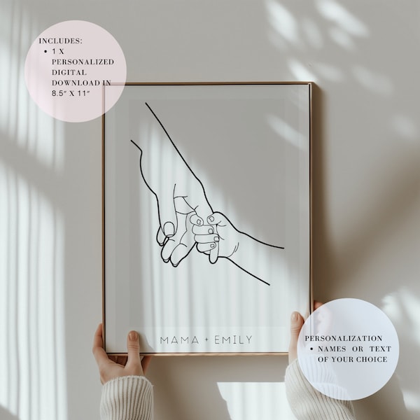 Holding Hands Portrait, Personalized Mom and Child Holding Hands Print, Mother's Day Gift, Custom Hands Holding Wall Art, Gift