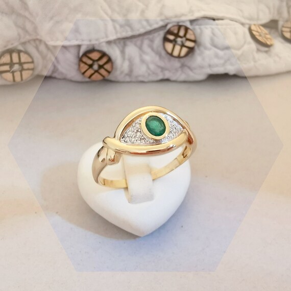 Emerald Ring / Diamonds / Size 69 / Gold 18 K gold