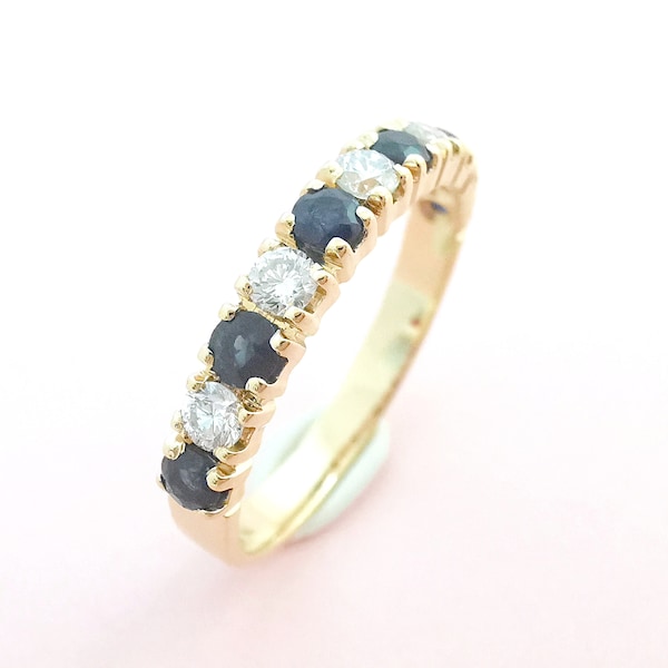 Bague Anneau Demi Alliance Saphirs Diamants Or 18 K