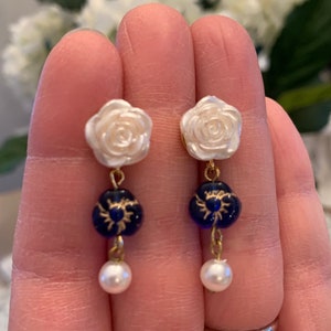 Pearl, Rose Shaped Earrings, Sapphire Earrings, Czech Glass Flowers, Stainless Steel Post Earrings, Gold Earrings, Flower Earrings