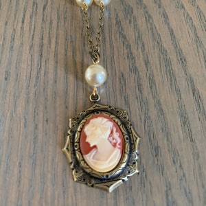 Vintage Lady Cameo, Victorian Style, Pearl Chain Necklace
