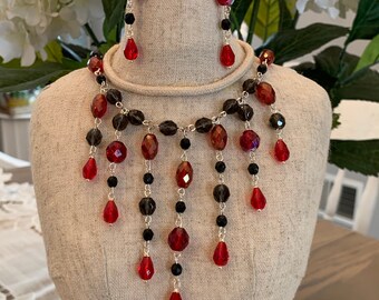 Red, Black Necklace Set, Necklace Earring Set, Red Czech Glass Beads, Black Czech Glass Beads, Handmade, Beaded Necklace, Bib Necklace,