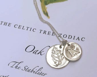 OAK & INITIAL A-Z Leaf Tree Necklace - Botanical, Celtic Astrology, Celtic Tree Zodiac, Silver Tree Necklace, Tree Pendant, Gemini, Cancer