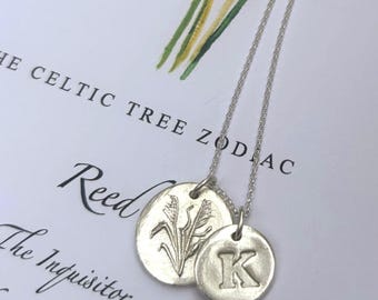 Handmade Celtic Tree Zodiac Necklace, Reed  - Initial Charm, Recycled Silver