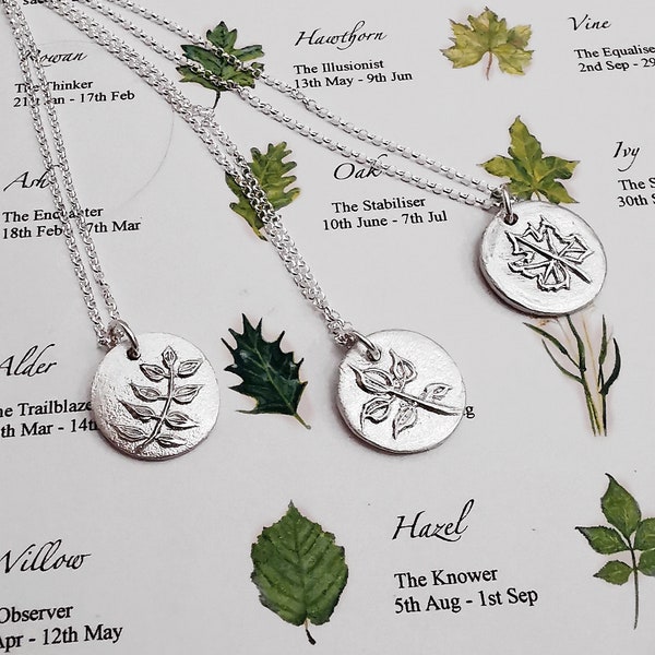 TREE ZODIAC Necklace - Celtic Sterling Silver, Pendant, Astrology, Star Sign, Birth, Pagan, Druid, Mythology, Leaves, Nature, Ogham, Rowan,